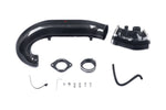 Complete charge pipe kit with carbon fiber main tube, black silicone connector, gaskets, clamps and mounting hardware laid out on white background - Eventuri charge pipe for Honda Civic Type R