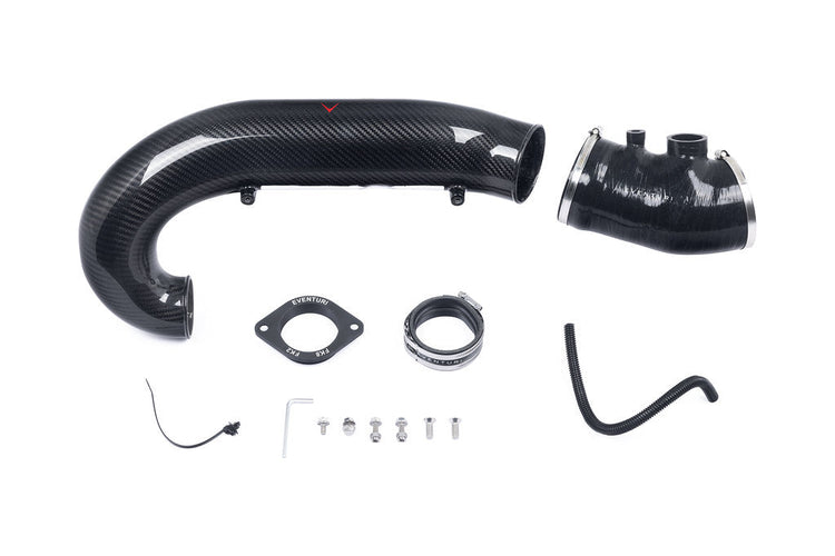 Complete charge pipe kit with carbon fiber main tube, black silicone connector, gaskets, clamps and mounting hardware laid out on white background - Eventuri charge pipe for Honda Civic Type R