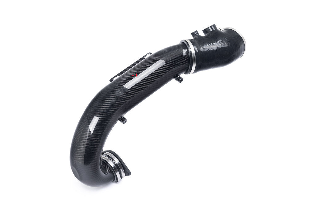 Curved carbon fiber charge pipe with black cylindrical connector end and metal clamps on white background - Eventuri charge pipe for Honda Civic Type R