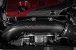 Black carbon fiber charge pipe with curved design installed in engine bay with red carbon fiber engine cover - Eventuri charge pipe for Honda FL5 Civic Type R