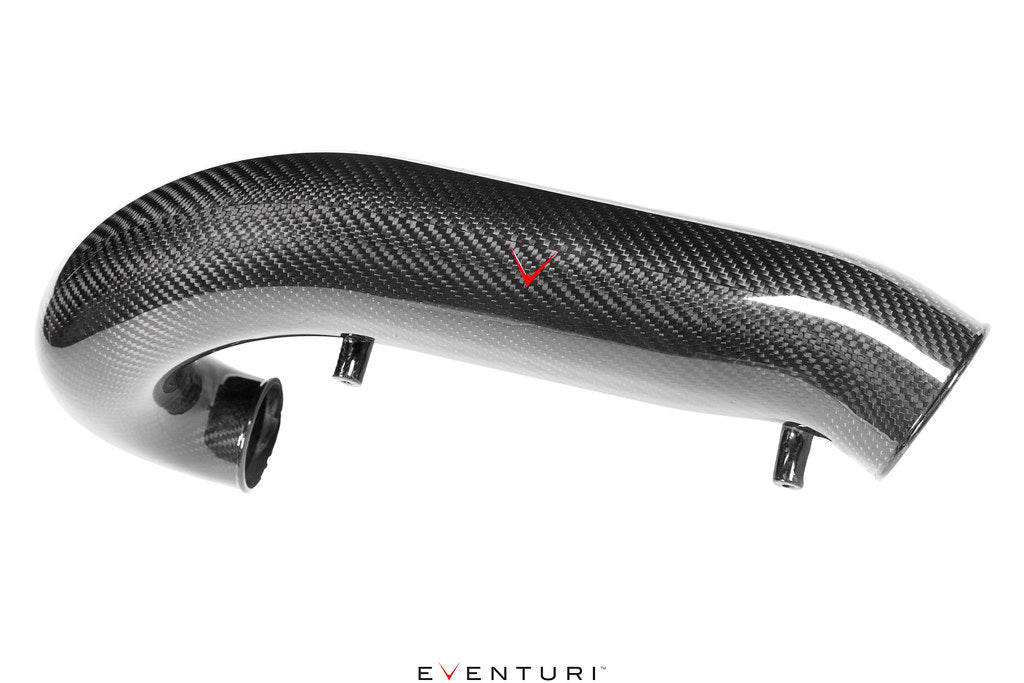 Curved carbon fiber charge pipe with glossy weave finish and red accent logo, multiple connection ports visible - Eventuri charge pipe for Honda FL5 Civic Type R