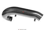 Curved carbon fiber charge pipe with glossy weave finish and red accent logo, multiple connection ports visible - Eventuri charge pipe for Honda FL5 Civic Type R