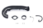 Carbon fiber curved charge pipe with aluminum mounting bracket, gaskets, clamps and installation hardware laid out on white background - Eventuri charge pipe for Honda FL5 Civic Type R