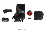 Complete carbon fiber air intake system components including airbox, tubes, red conical filter, and cover panels on white background - Eventuri air intake for Honda Civic Type R