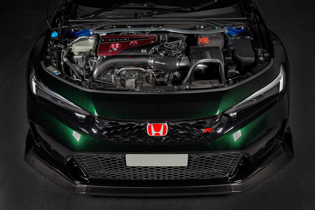 Carbon fiber air intake system installed in Honda Civic Type R engine bay with hood open - Eventuri air intake for Honda Civic Type R