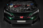 Carbon fiber air intake system installed in Honda Civic Type R engine bay with hood open - Eventuri air intake for Honda Civic Type R
