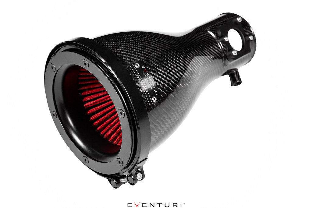 Black carbon fiber conical air intake tube with red high-flow filter element and mounting flanges - Eventuri cold air intake for Toyota GR 86