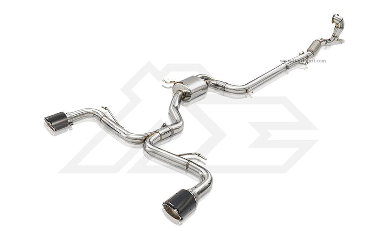 A top view of Fi EXHAUST Valvetronic Cat-Back System for Volkswagen MK8 Golf GTI 2021+ with white background