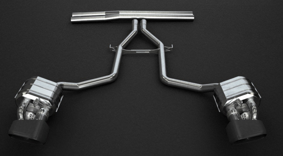 Capristo Porsche Panamera 970 valved mufflers with polished stainless shells and black rectangular tips