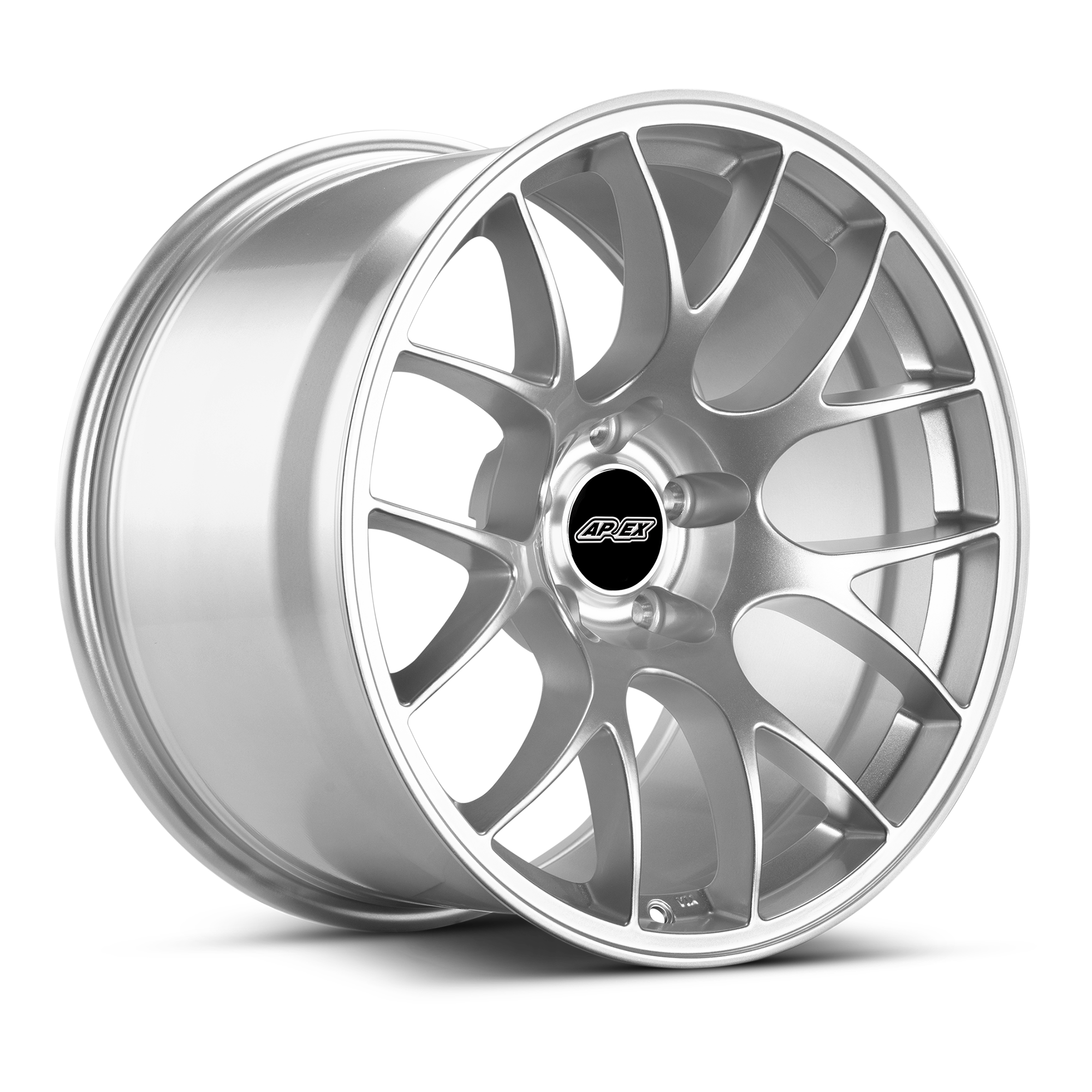 Silver alloy wheel with multi-spoke design and black center cap on clean white background - APEX Wheels wheel for 19x9.5 ET35 5x120 - Race Silver