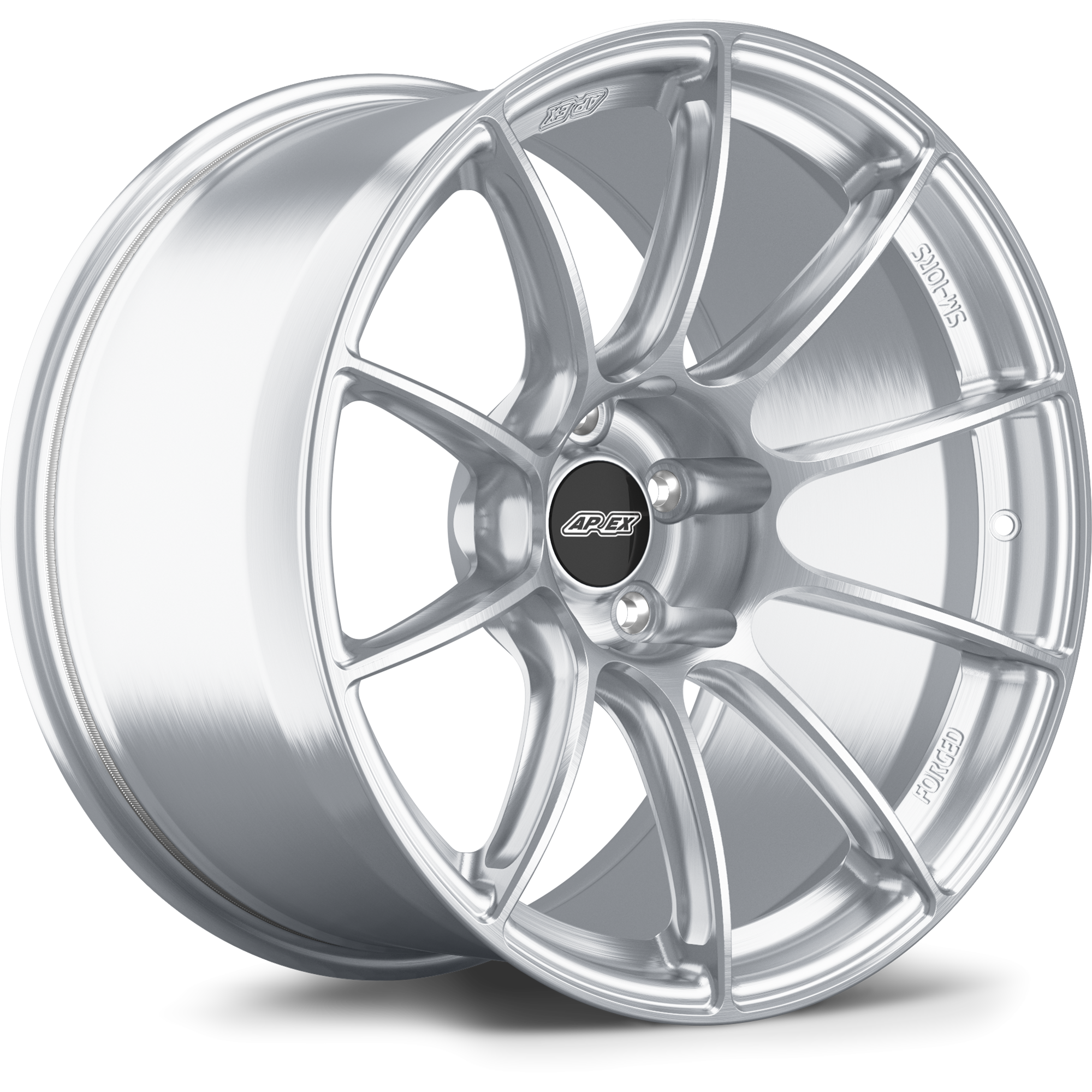 Silver alloy wheel with ten-spoke design, machined finish, and black center cap on white background - APEX Wheels wheel for 19x10 ET12 5x112 - Brushed Clear