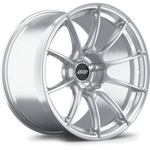 Silver alloy wheel with ten-spoke design, machined finish, and black center cap on white background - APEX Wheels wheel for 19x10 ET12 5x112 - Brushed Clear