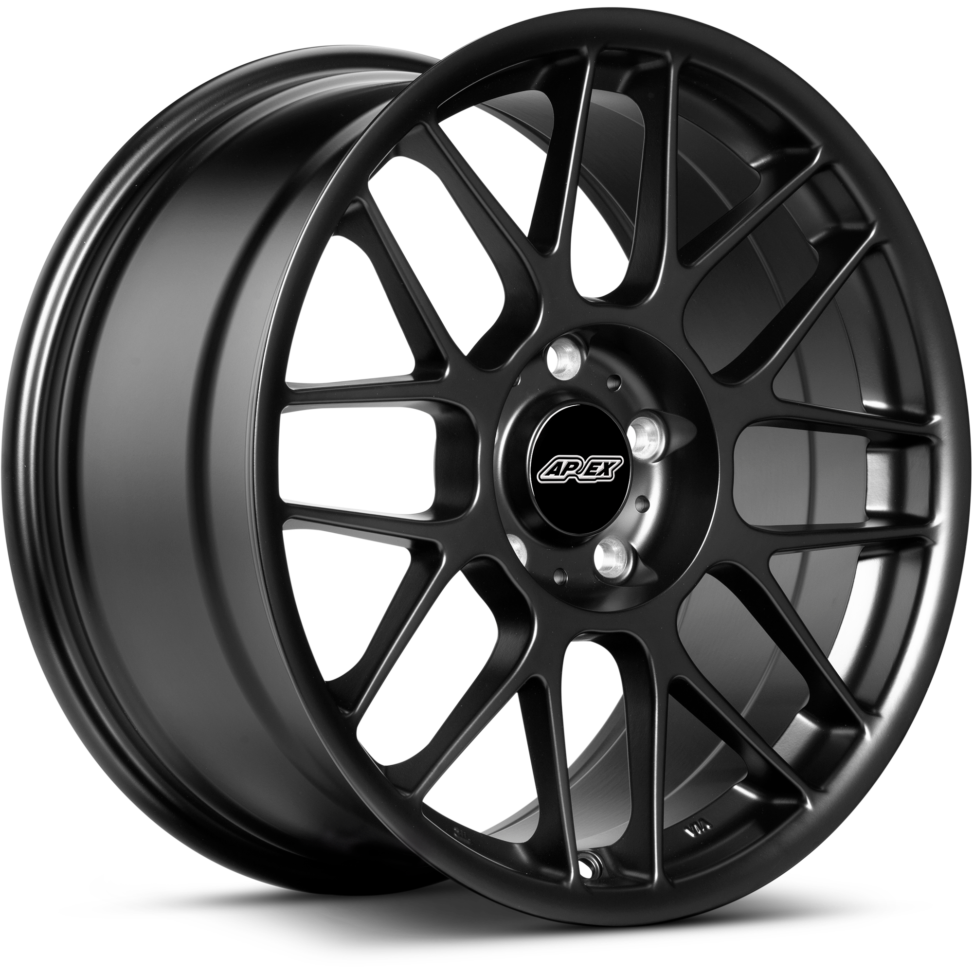 Matte black alloy wheel with multi-spoke design and center cap showing five bolt holes - APEX Wheels wheel for 18x8.5 ET35 5x120 - Satin Black