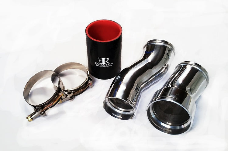 A top view of Evolution Racewerks BMW N55 (3.0T) 335i/435i/M135i/M235i Turbo to Intercooler Charge Pipe (TIC) in Polish Finish