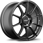 Dark gunmetal finished alloy wheel with ten-spoke design and center cap on white background - APEX Wheels wheel for 18x9.5 ET41 5x112 - Satin Black