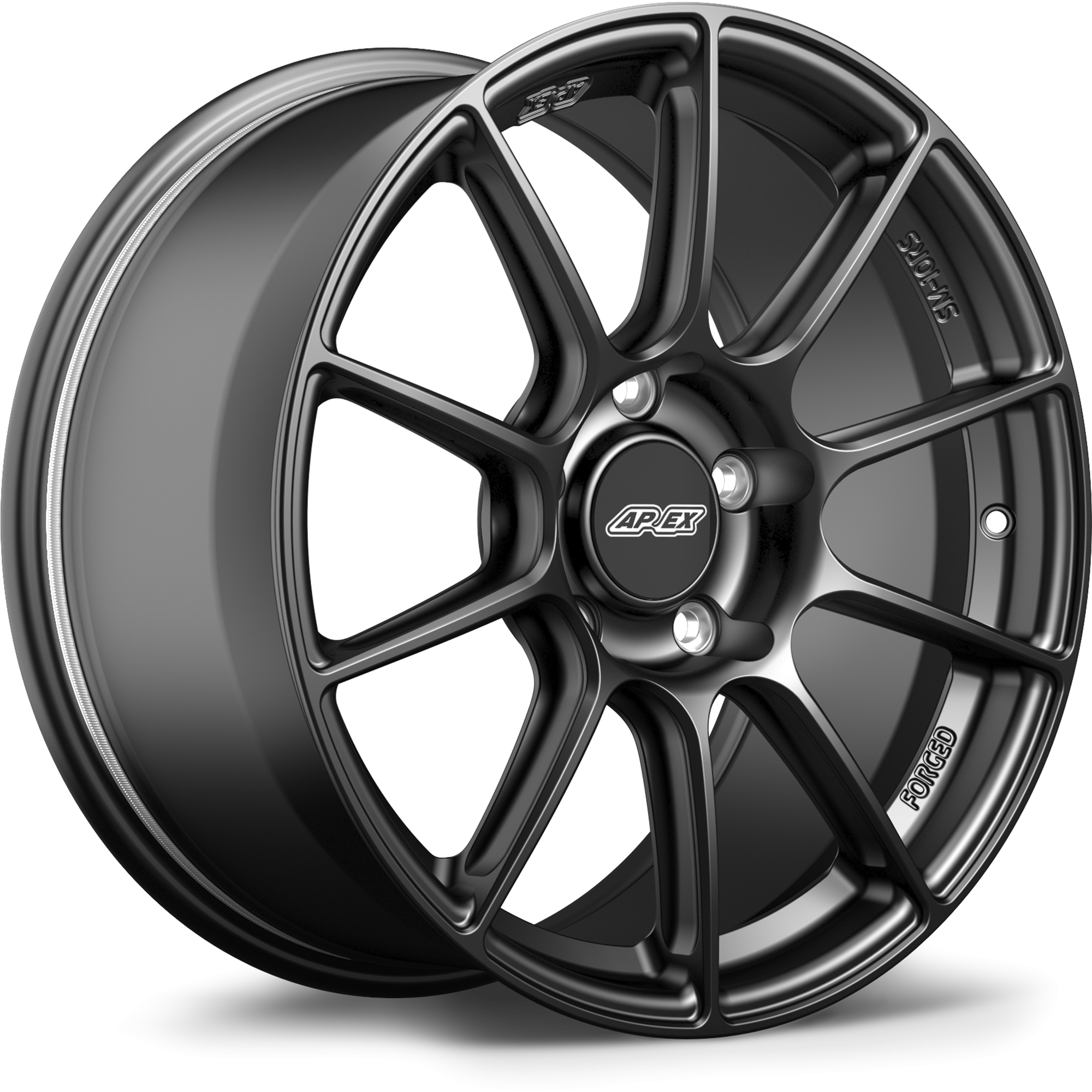 Gunmetal forged aluminum wheel with ten-spoke design and center cap on white background - APEX Wheels wheel for 18x11 ET57 5x120.65 - Satin Black