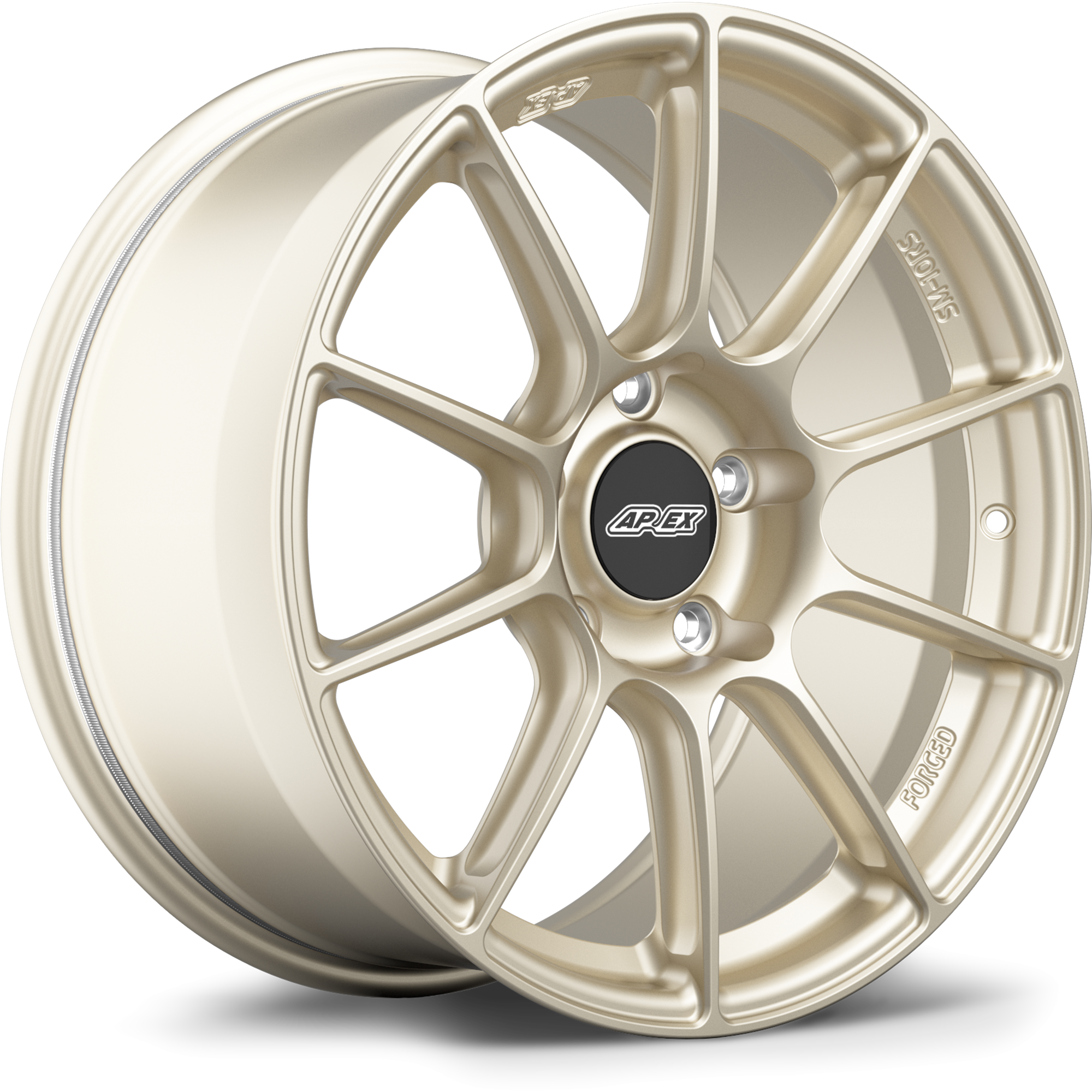 Gold finished forged wheel with ten-spoke design and black center cap on white background - APEX Wheels wheel for 18x11 ET57 5x120.65 - Motorsport Gold