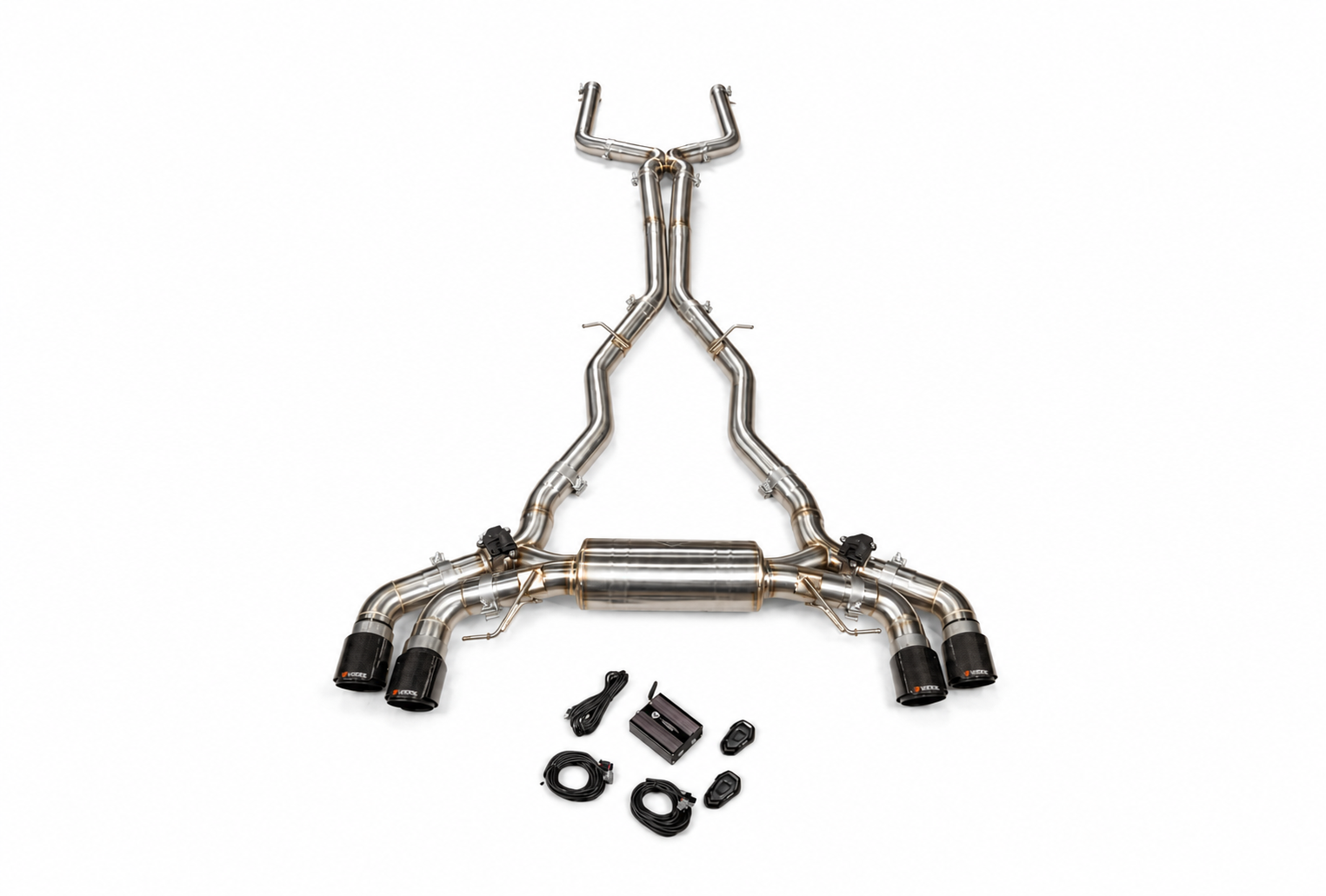 BMW F90 M5 F92 M8 Valvetronic exhaust: stainless valved cat-back on white with black tips and controller parts