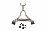 BMW F90 M5 F92 M8 Valvetronic exhaust: stainless valved cat-back on white with black tips and controller parts