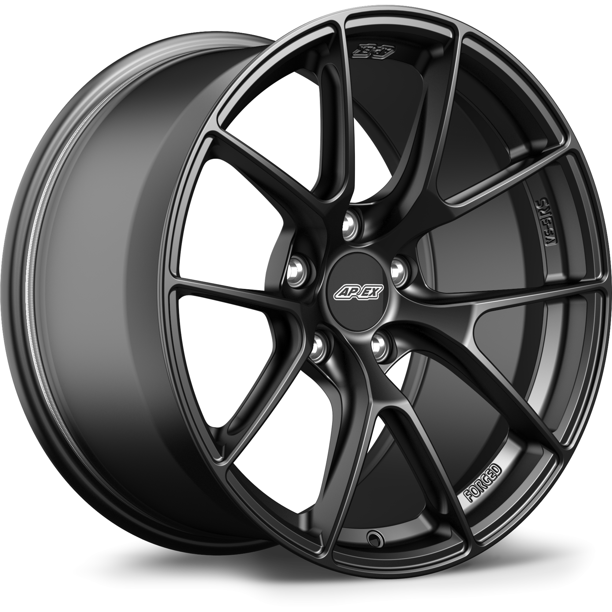 Matte black forged wheel with five-spoke design and visible center cap at three-quarter angle - APEX Wheels wheel for 18x9 ET25 5x112 - Satin Black