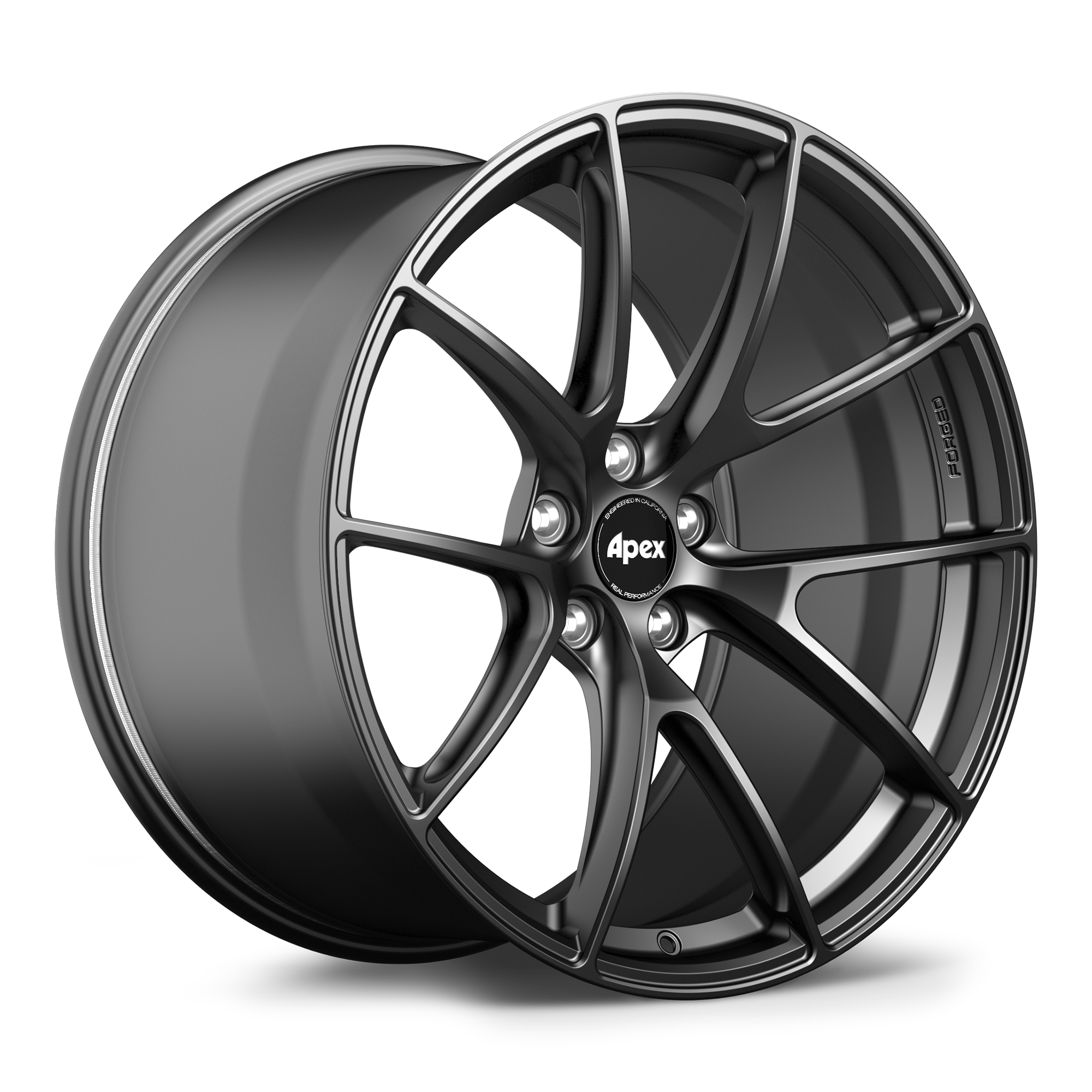 Gunmetal gray alloy wheel with five-spoke design and center cap on white background - APEX Wheels wheel for 21x12 ET52 5x120 - Satin Black