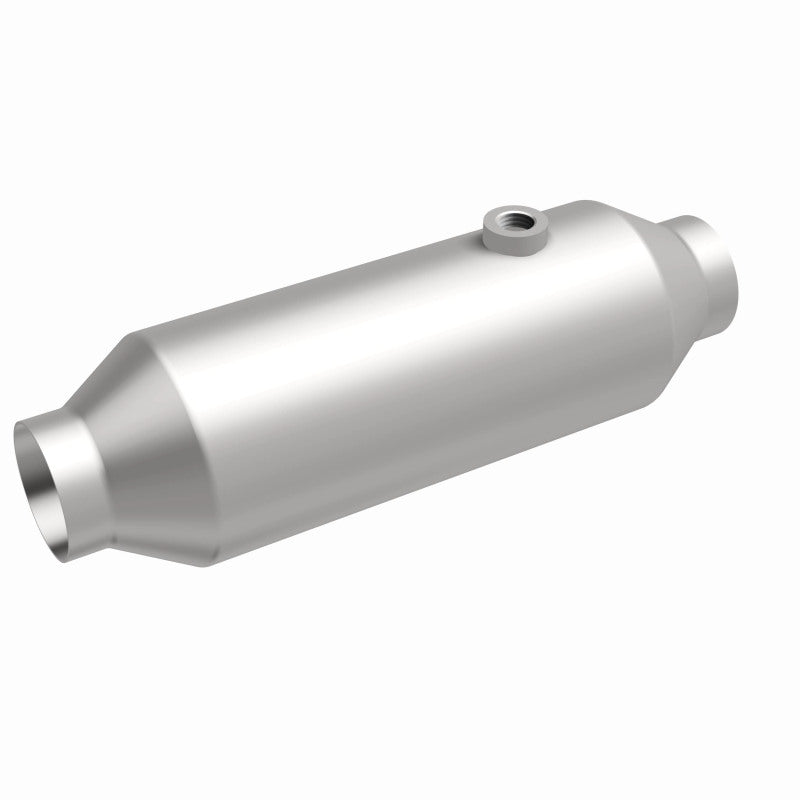MagnaFlow 4451356 universal catalytic converter, front three-quarter view of the turntable spin