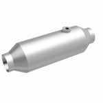 MagnaFlow 4451356 universal catalytic converter, front three-quarter view of the turntable spin