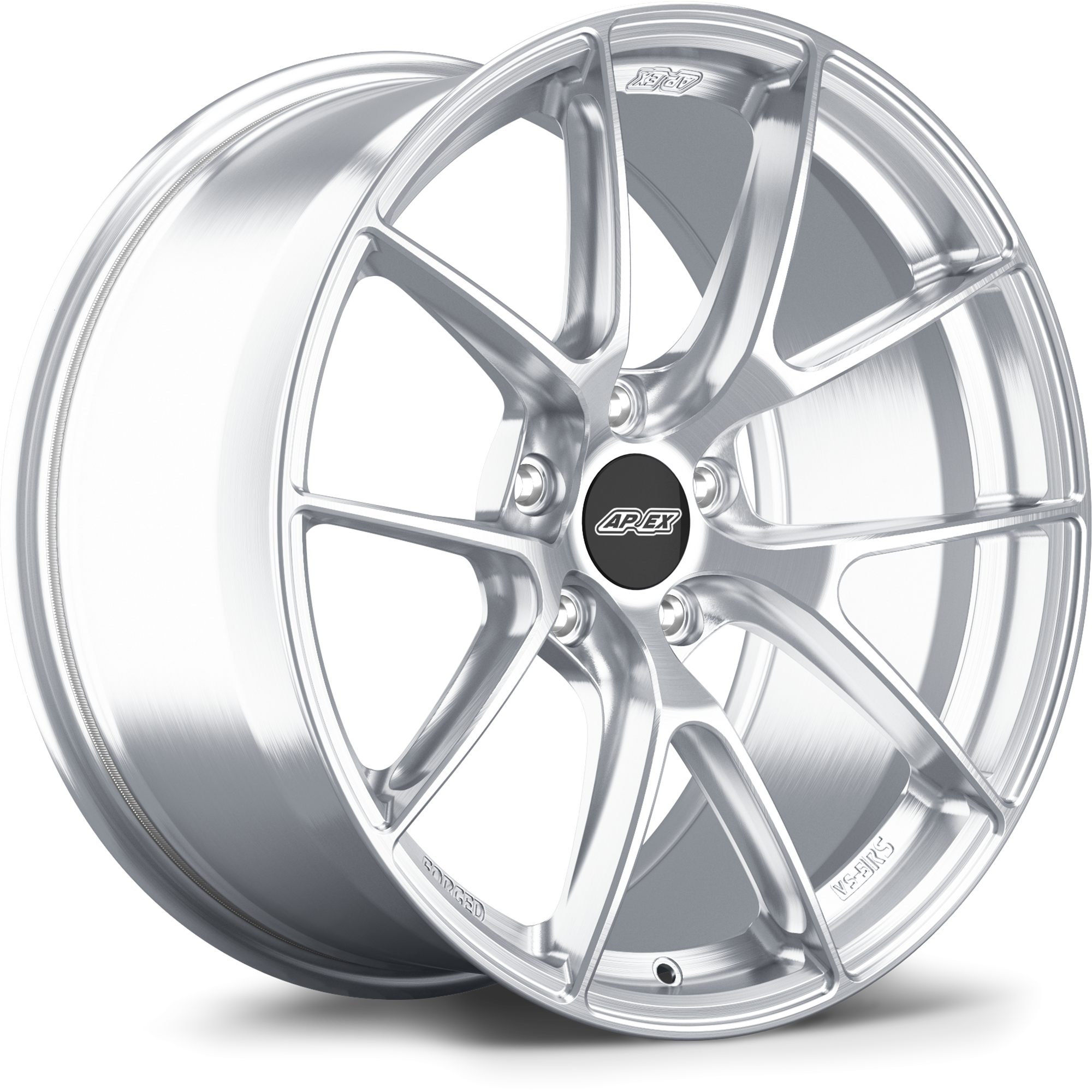 Silver alloy wheel with five double-spoke design, brushed aluminum finish, black center cap, isolated on white background - APEX Wheels wheel for 19x9 ET25 5x112 - Brushed Clear