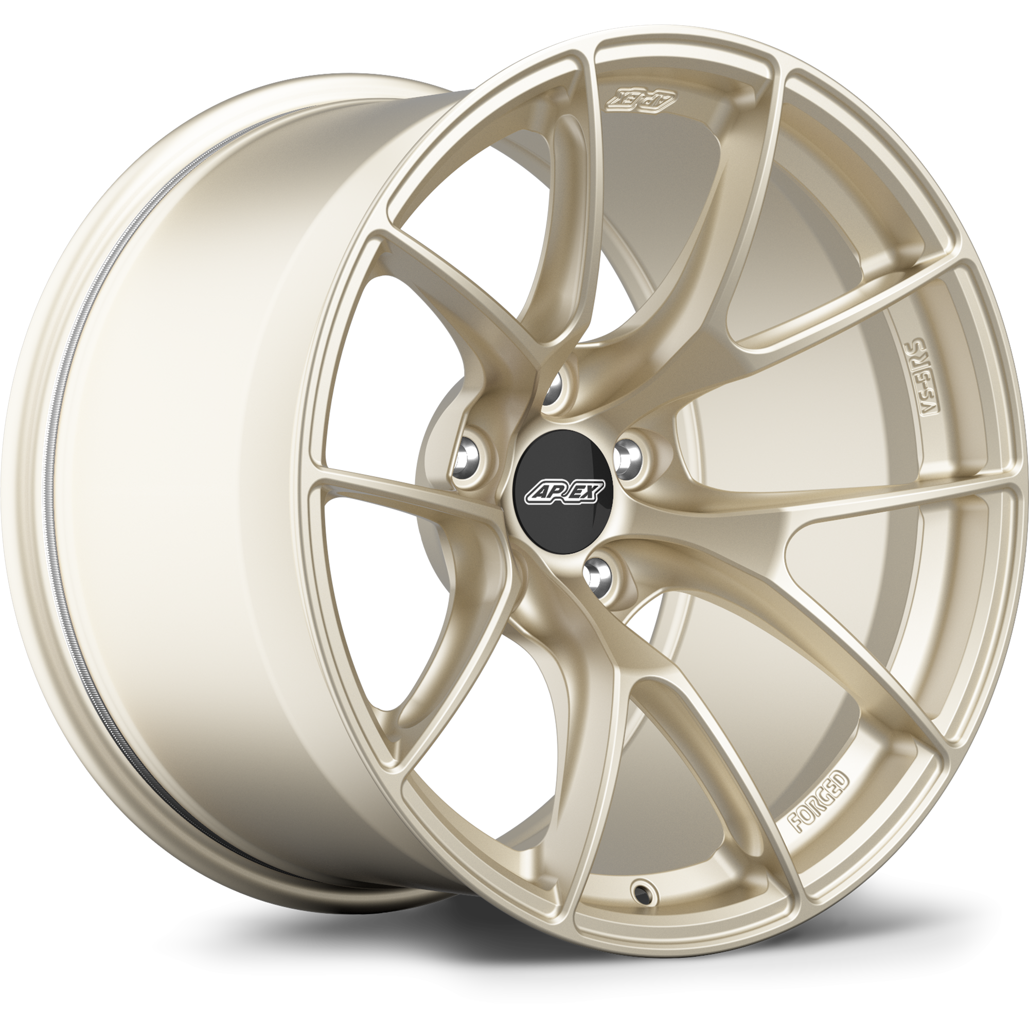Single forged aluminum wheel with golden champagne finish, ten-spoke design, black center cap with white logo - APEX Wheels wheel for 20x9.5 ET44 PSCL - Motorsport Gold
