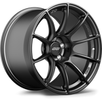 Dark gunmetal colored alloy wheel with five-spoke design and center cap on white background - APEX Wheels wheel for 20x11 ET18 5x112 - Satin Black