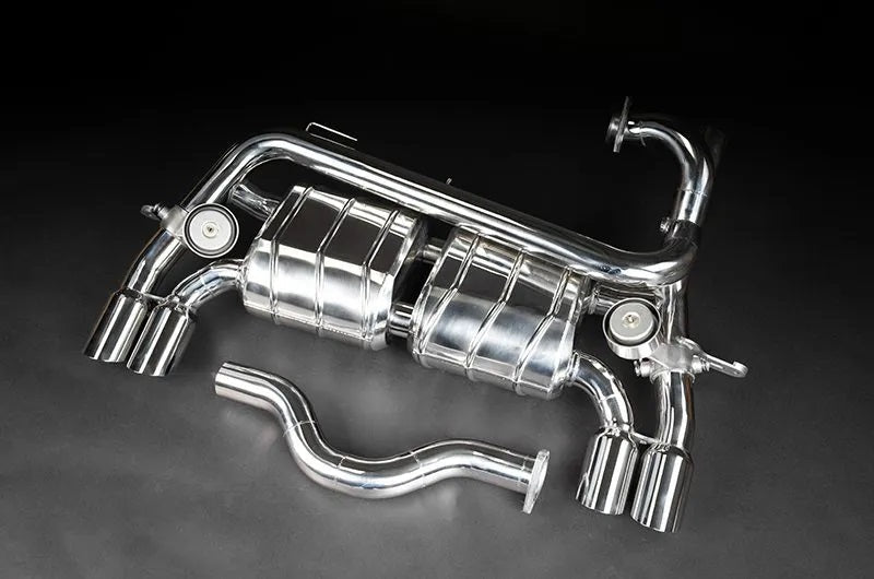 Capristo Ferrari 328 valved exhaust with quad tips, angled view