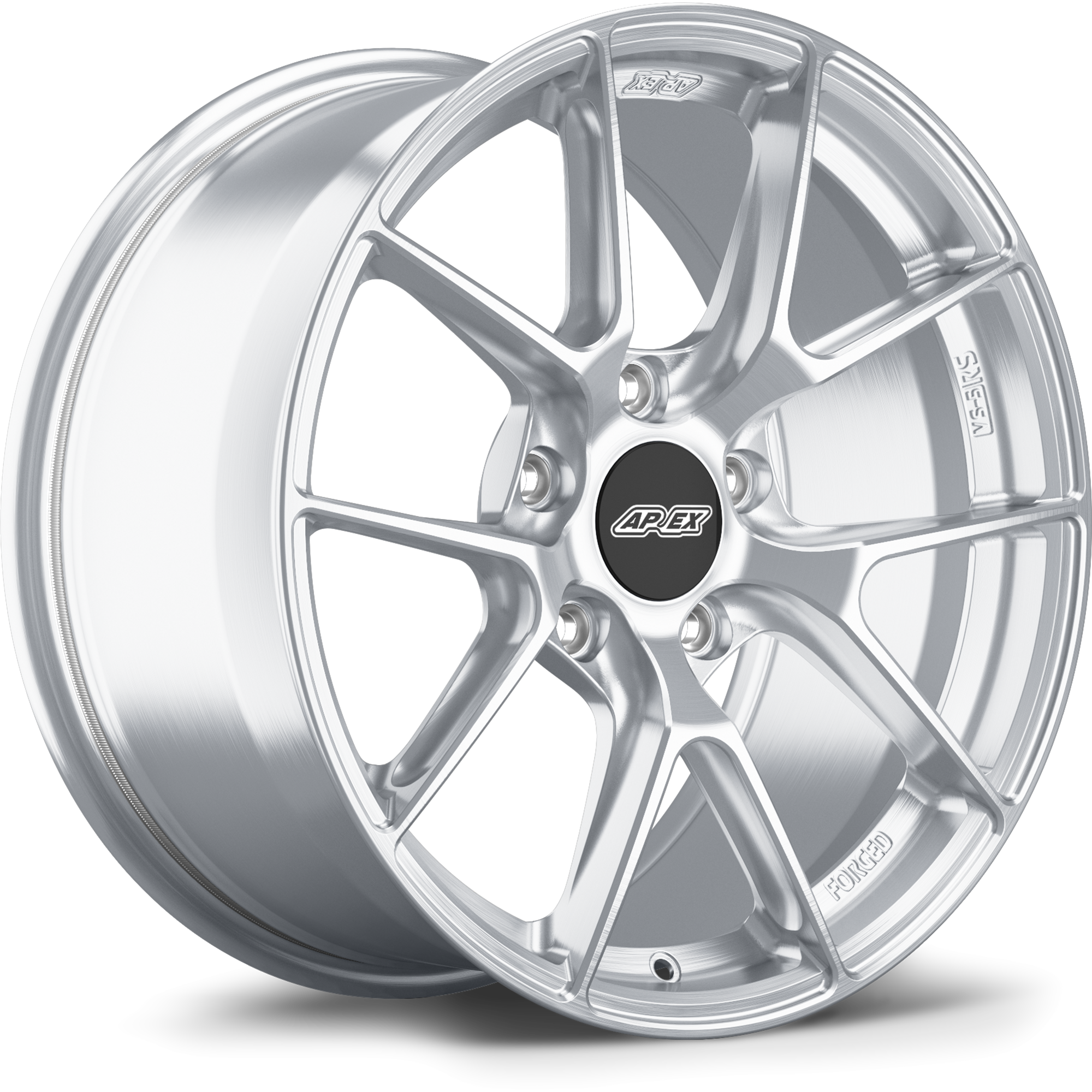Silver alloy wheel with five-spoke design, machined finish, and black center cap on white background - APEX Wheels wheel for 18x9 ET46 5x130 - Brushed Clear