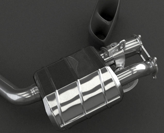 Close-up of polished valved muffler on Capristo Panamera 970 Turbo S Executive exhaust