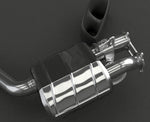Close-up of polished valved muffler on Capristo Panamera 970 Turbo S Executive exhaust
