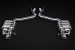 wide front view of Capristo Valved Exhaust with Mid-Pipes (OE Actuators) for Mercedes AMG GT63/S 2018+ with black background