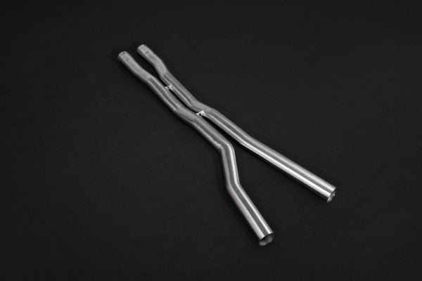 wide side view of Capristo Valved Exhaust with Mid-Pipes (OE Actuators) for Mercedes AMG GT63/S 2018+ with black background