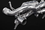 close side view of Capristo Valved X Pipe Exhaust (for OEM tips) with Heat Protection for Lamborghini Huracan Performante/EVO/STO/Tecnica 2018-2024 with black background