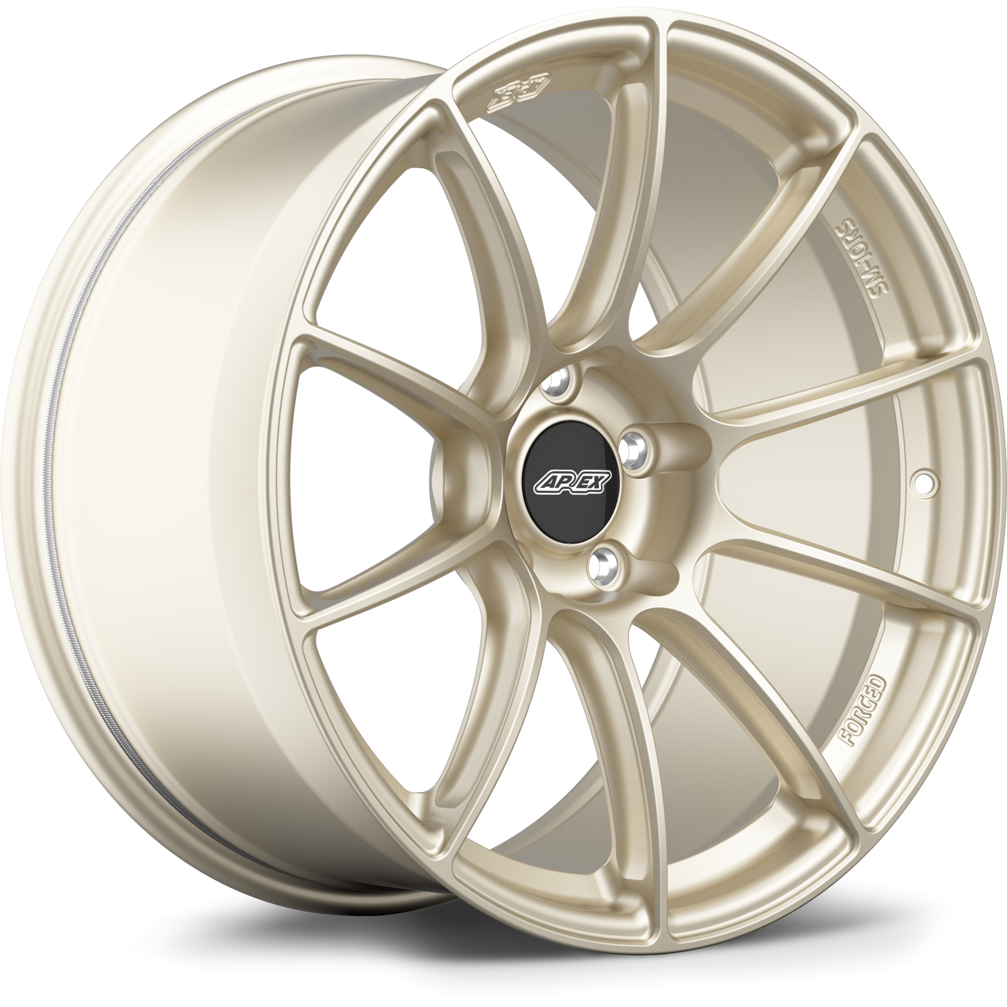 Single alloy wheel with champagne gold finish featuring ten-spoke design and black center cap on white background - APEX Wheels wheel for 19x12.5 ET55 5x120.65 - Motorsport Gold