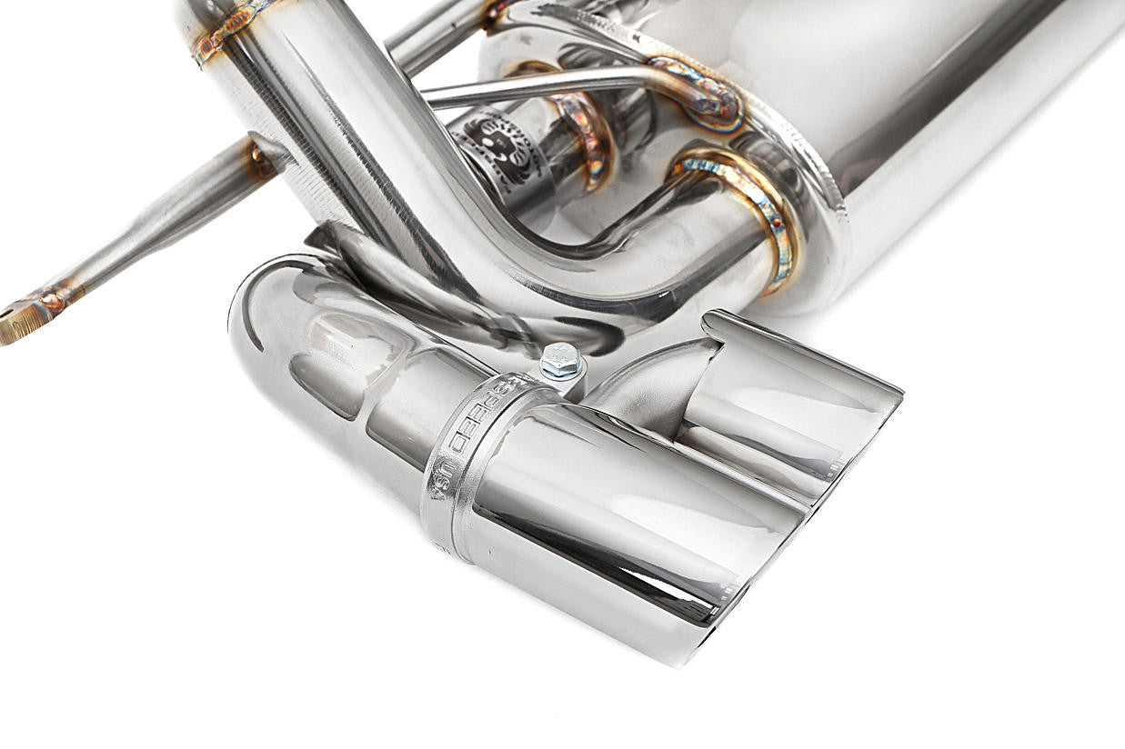 Polished dual tips and pipe bends on the Fabspeed 328 Maxflo exhaust