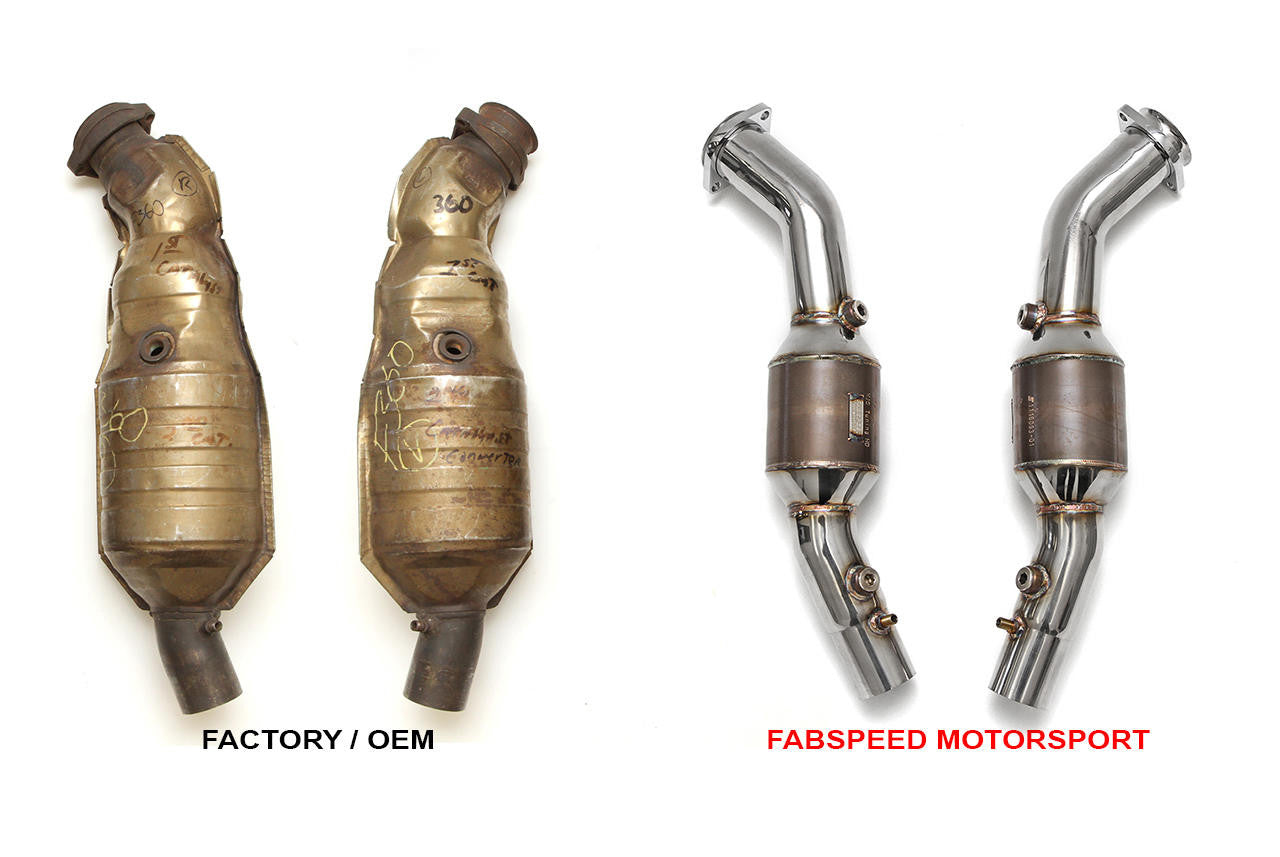 Factory Ferrari 360 catalytic converters beside the Fabspeed sport cats