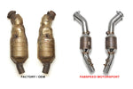 Factory Ferrari 360 catalytic converters beside the Fabspeed sport cats
