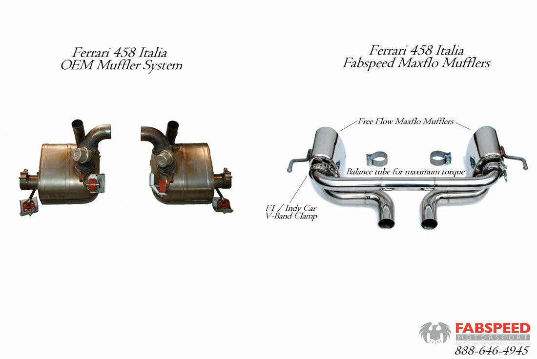 Factory Ferrari 458 muffler compared with the Fabspeed Maxflo exhaust
