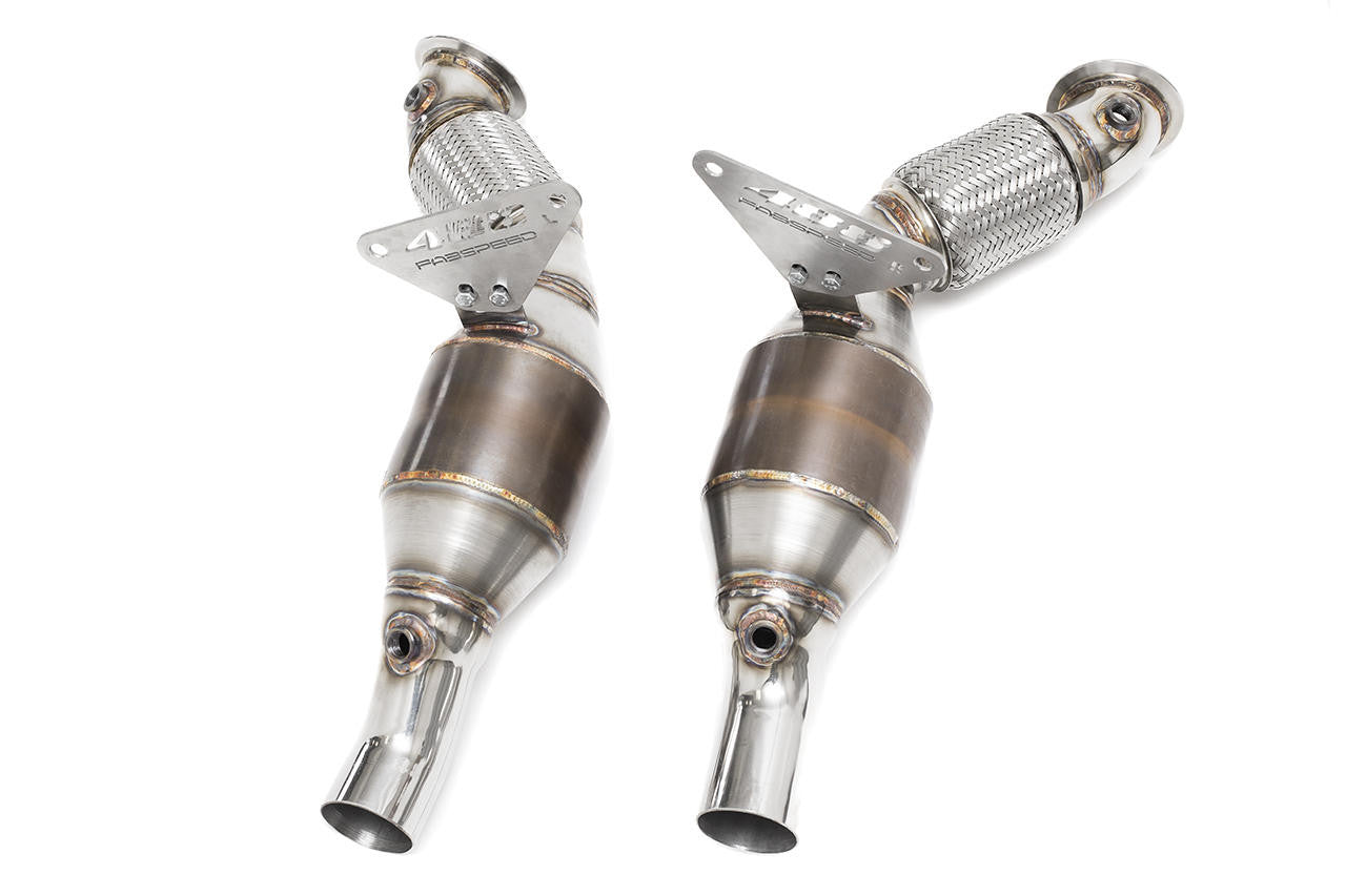 Fabspeed 488 GTB sport cats, angled view with brackets