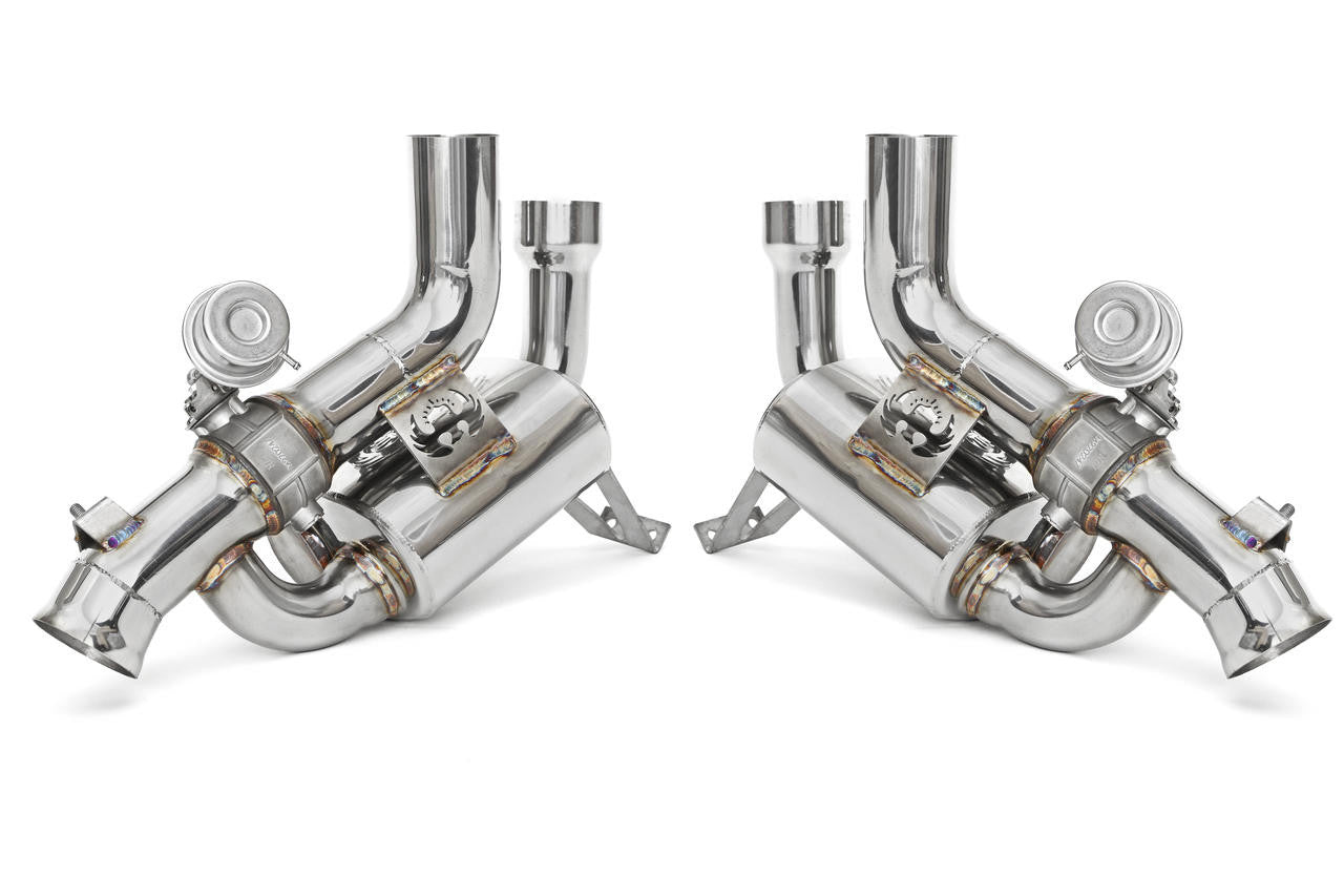 Fabspeed California T valved exhaust, front view of the inlets