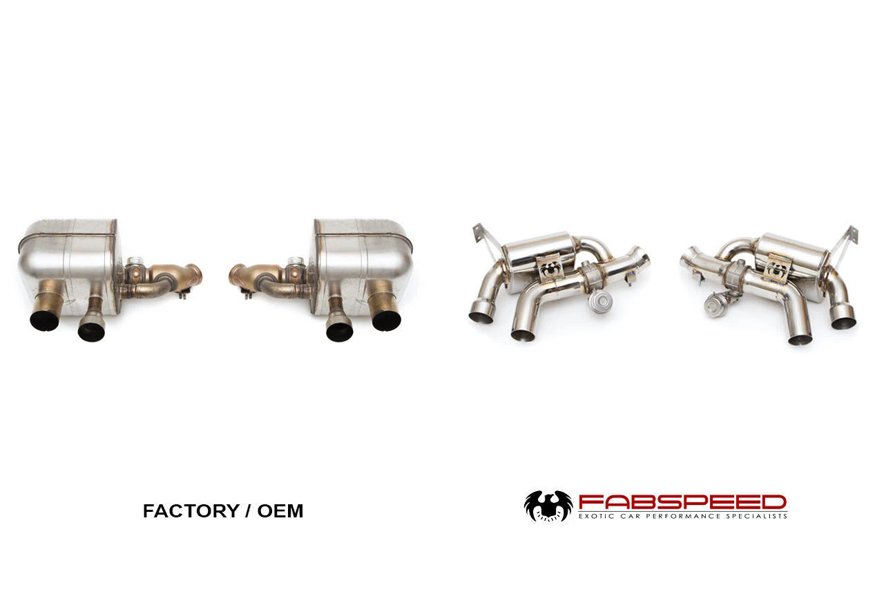 Factory California T mufflers beside the Fabspeed valved exhaust
