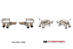 Factory California T mufflers beside the Fabspeed valved exhaust