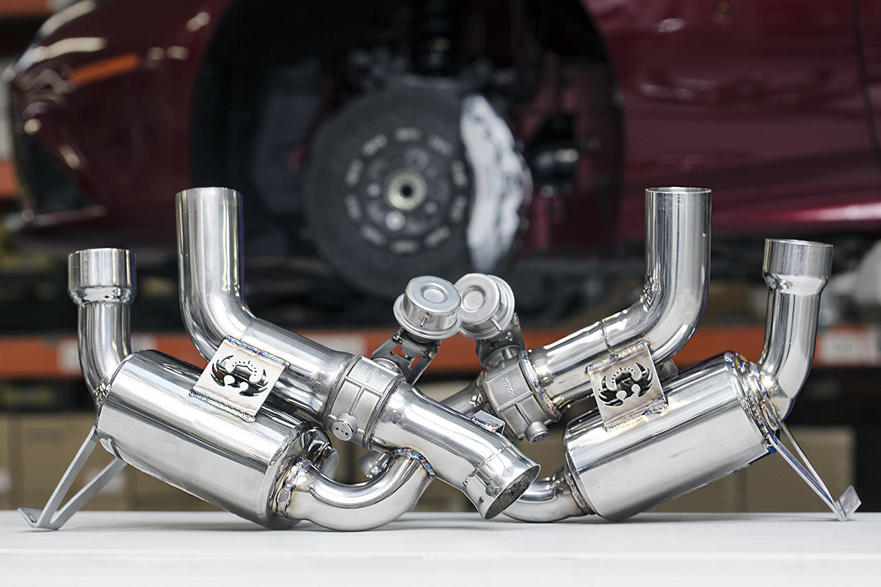 Fabspeed California T valved exhaust fitted near the rear brakes
