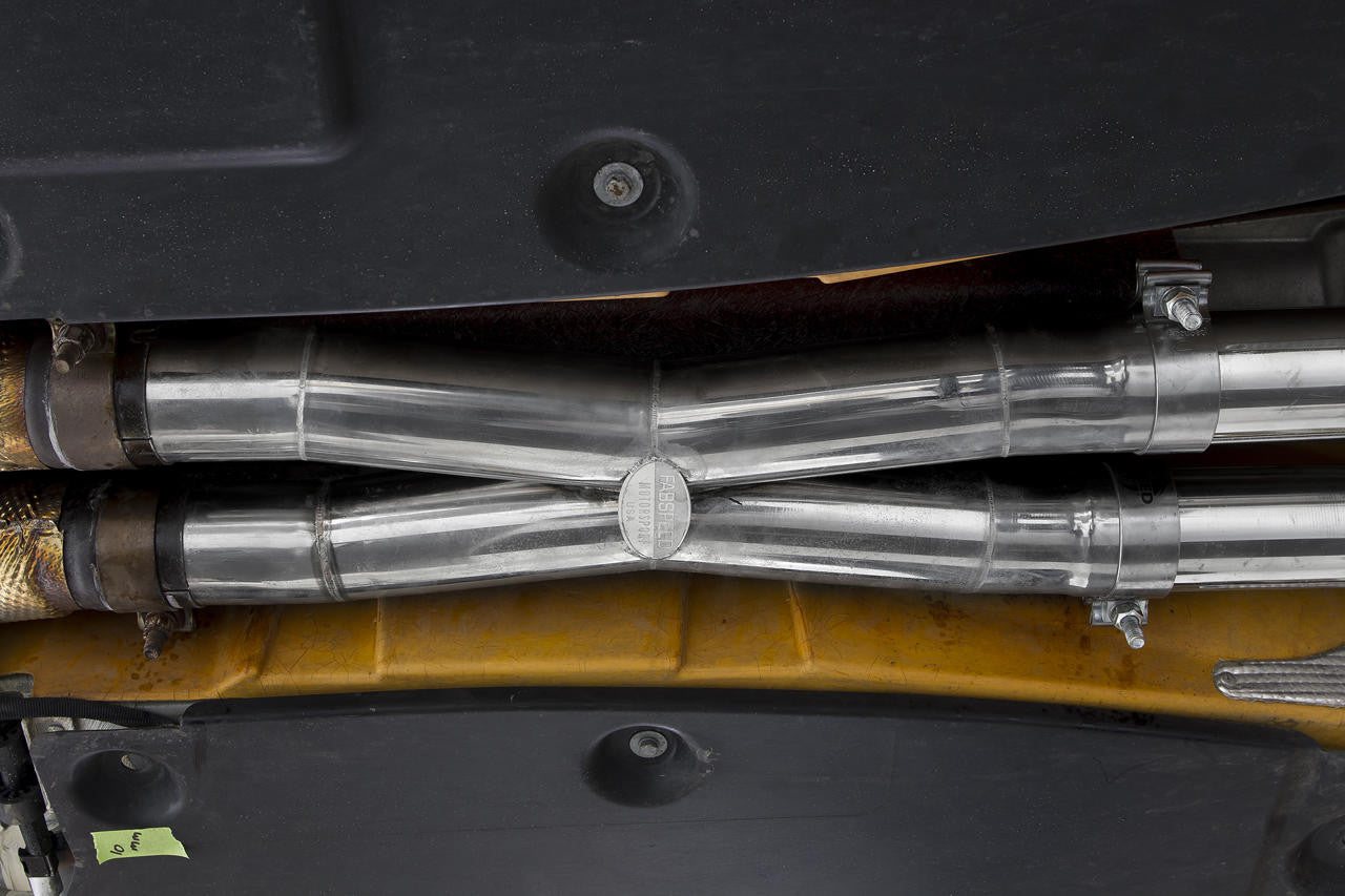 Fabspeed F12 X-pipe crossover installed under the chassis