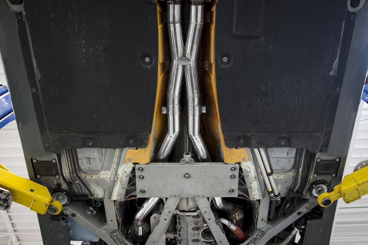 F12 Berlinetta sport exhaust installed, view from under the car