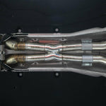 Fabspeed F12 X-pipe installed, straight-on underside view
